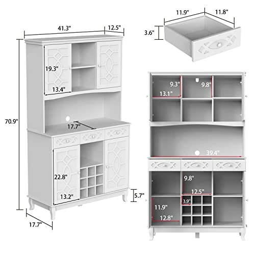 ECACAD Large Kitchen Pantry Storage Cabinet With Glass Doors, Drawers & Open Shelves, Freestanding Kitchen Cupboard Buffet Cabinet With Wine Rack For Living Room, White 2 ECACAD Large Kitchen Pantry Storage Cabinet With Glass Doors, Drawers & Open Shelves, Freestanding Kitchen Cupboard Buffet Cabinet With Wine Rack For Living Room, White - Image 2