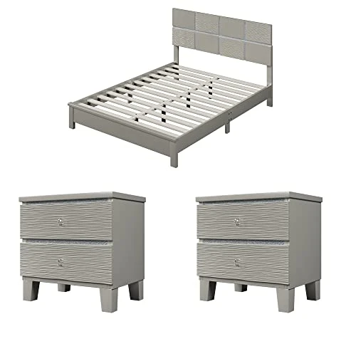 Champagne Silver 3 Pieces Bedroom Furniture Set Size, Dresser, Night Stand, Easy Assemble, Queen Bed+2 NightstandS 2 Champagne Silver 3 Pieces Bedroom Furniture Set Size, Dresser, Night Stand, Easy Assemble, Queen Bed+2 NightstandS - Image 2