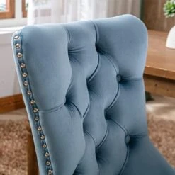LZ LEISURE ZONE Velvet Dining Chairs Set Of 2, Upholstered Accent Chairs With Button Tufted, Nailhead Trim And Back Ring Pull, Light Blue, Seat Height 20" -Safavieh Furniture 41JpgxVTyOL