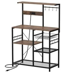 Simoretus Kitchen Standing Bakers Rack With Power Outlet Microwave Stand With Sliding Wire Basket And 6 Hooks Coffee Bar Kitchen Storage Shelf Rack For Spices,Pots And Pans Rustic Brown