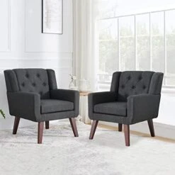 Accent Chair Button-Tufted Upholstered Living Room Chairs Comfy Reading Chair Mid Century Modern Chair With Linen Fabric Lounge Arm Chairs For Living Room Bedroom (Beige) -Safavieh Furniture 41K3bivE2BL. AC