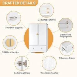 Wide White Armoire Wardrobe Closet With Hanging Rod, Shelves And Drawer, Freestanding Closet Wardrobe Cabinet For Hanging Clothes, Armoires And Wardrobes With Doors For Bedroom, Kids' Room Dorm 7 Wide White Armoire Wardrobe Closet With Hanging Rod, Shelves And Drawer, Freestanding Closet Wardrobe Cabinet For Hanging Clothes, Armoires And Wardrobes With Doors For Bedroom, Kids' Room Dorm -Safavieh Furniture 41KF34ni6HL