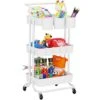 LEHOM 3-Tier Rolling Utility Cart With Hanging Cups & Hooks & Handle, Multifunctional Art Cart Organizer Storage With Wheels, Easy Assembly For Office, Bedroom, Kitchen, Bathroom, Laundry (White)