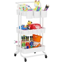 LEHOM 3-Tier Rolling Utility Cart With Hanging Cups & Hooks & Handle, Multifunctional Art Cart Organizer Storage With Wheels, Easy Assembly For Office, Bedroom, Kitchen, Bathroom, Laundry (White)