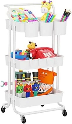 LEHOM 3-Tier Rolling Utility Cart With Hanging Cups & Hooks & Handle, Multifunctional Art Cart Organizer Storage With Wheels, Easy Assembly For Office, Bedroom, Kitchen, Bathroom, Laundry (White) -Safavieh Furniture 41KF5teRf1L. AC