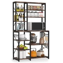 LITTLE TREE Bakers Racks For Kitchens With Utility Storage Shelf, Large Capacity Microwave Stand With Side Hooks, Vintage Brown