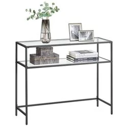 VASAGLE 39.4 Inch Console Sofa Table, Modern Entryway Table, Tempered Glass Table, Metal Frame, 2 Shelves, Adjustable Feet, For Living Room, Hallway, Black ULGT025B01