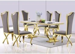 ACEDÉCOR 7 Piece Dining Table Set, Gold Kitchen And Dining Room Sets For 6, Metal Circling Base Dining Table In White Gold, White Leather Upholstered Dining Chairs With Gold Stainless Steel Legs 29 ACEDÉCOR 7 Piece Dining Table Set, Gold Kitchen And Dining Room Sets For 6, Metal Circling Base Dining Table In White Gold, White Leather Upholstered Dining Chairs With Gold Stainless Steel Legs -Safavieh Furniture 41KpOpUc1KL. AC
