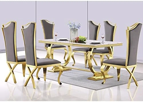 ACEDÉCOR 7 Piece Dining Table Set, Gold Kitchen And Dining Room Sets For 6, Metal Circling Base Dining Table In White Gold, White Leather Upholstered Dining Chairs With Gold Stainless Steel Legs 15 ACEDÉCOR 7 Piece Dining Table Set, Gold Kitchen And Dining Room Sets For 6, Metal Circling Base Dining Table In White Gold, White Leather Upholstered Dining Chairs With Gold Stainless Steel Legs - Image 15