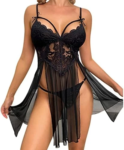 MatureGirl Fashion Sexy Lace Underwear Uniforms Underwear Nightdress Dress Satin Silk Pajamas Set For Women (Black, S) 14 MatureGirl Fashion Sexy Lace Underwear Uniforms Underwear Nightdress Dress Satin Silk Pajamas Set For Women (Black, S) - Image 14