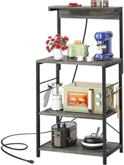 Topfurny Baker‘s Rack With Power Outlet, Microwave Stand Kitchen Storage Shelf, Kitchen Organizer Rack With 5 Hooks, Industrial Coffee Bar Table For Kitchens With Storage, Black -Safavieh Furniture 41KpxEVbTtL. AC