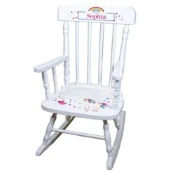 MyBambino Children's Personalized White Wood Rocking Chair Unicorn Rainbow Heart Theme