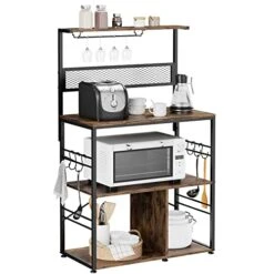 Labonida Bakers Rack, Microwave Stand Coffee Bar With Wine Glass Holder, Kitchen Storage Rack With 6 S-Hooks For Spices, Pots And Pans, Rustic Brown And Black