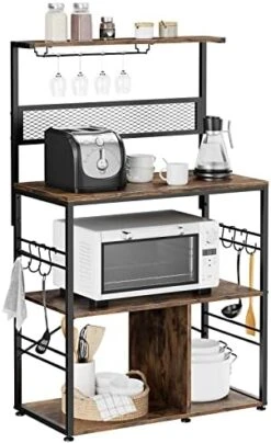 Labonida Bakers Rack, Microwave Stand Coffee Bar With Wine Glass Holder, Kitchen Storage Rack With 6 S-Hooks For Spices, Pots And Pans, Rustic Brown And Black -Safavieh Furniture 41Kz2Olmx2L. AC