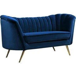 Meridian Furniture Margo Collection Modern | Contemporary Velvet Upholstered Loveseat With Deep Channel Tufting And Rich Gold Stainless Steel Legs, Navy, 65" W X 30" D X 33" H