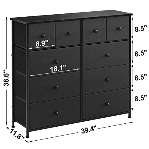 REAHOME 10 Drawer Dresser For Bedroom Fabric Storage Tower Wide Black Dresser With Wood Top Sturdy Steel Frame Storage Organizer Unit For Living Room Hallway Entryway Closets Nursery (Black Grey) 2 REAHOME 10 Drawer Dresser For Bedroom Fabric Storage Tower Wide Black Dresser With Wood Top Sturdy Steel Frame Storage Organizer Unit For Living Room Hallway Entryway Closets Nursery (Black Grey) - Image 2