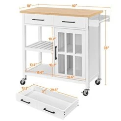 Yaheetech Kitchen Island On Wheels With Drawers, Rolling Kitchen Cart With Tempered Glass Storage Cabinet Door, Bamboo Top, 2 Tiers Shelves, And Towel Rack, 40x18x36 Inches, White -Safavieh Furniture 41LBTETzmlL