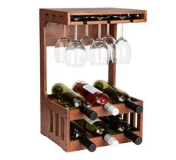Mind Reader Floating Wine Rack, Wooden Storage Rack For 6 Bottles And 12 Stemmed Glasses, Natural Style Decor, Ideal For Home, Kitchen, Bar, Den, Brown