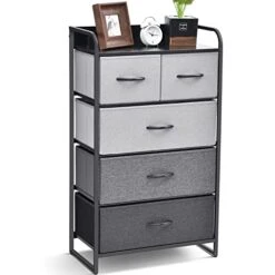 TOOLF 5-Drawer Storage Solution, Fabric Dresser Organizer With Steel Frame & Wooden Top, Ideal For Bedroom, Entryway, Closet, And Nursery - Warm Brown