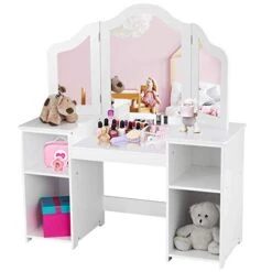 Costzon Kids Vanity, 2 In 1 Princess Makeup Desk Dressing Table With Detachable Top, Toddler Vanity With Tri-fold Mirror & Storage Shelves, Pretend Play Vanity For Little Girls, White -Safavieh Furniture 41LRaYDDieL