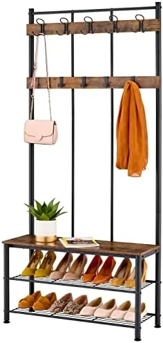 Tajsoon Coat Rack, Hall Tree With Bench And Shoe Storage, Coat Rack Shoe Bench, 3-in-1 Shoe Rack And Coat Rack For Entryway, 11.24 X 28.35 X 66.34 Inches, Metal, Rustic Brown And Black 8 Tajsoon Coat Rack, Hall Tree With Bench And Shoe Storage, Coat Rack Shoe Bench, 3-in-1 Shoe Rack And Coat Rack For Entryway, 11.24 X 28.35 X 66.34 Inches, Metal, Rustic Brown And Black - Image 8