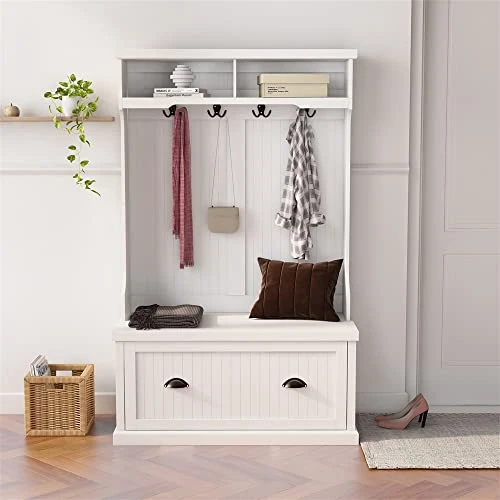 Entryway Hall Tree With Coat Rack 4 Hooks And Bench Shoe Cabinet White Modern Contemporary MDF Storage 3 Entryway Hall Tree With Coat Rack 4 Hooks And Bench Shoe Cabinet White Modern Contemporary MDF Storage - Image 3
