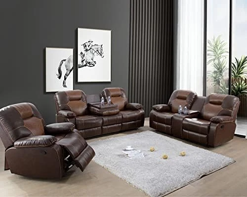 Nautery Leather Recliner Sofa,Living Room Furniture Set, Leather Sofa Set With Storage Console & Cup Holder For Office/Apartment(3 Pieces,Brown) 7 Nautery Leather Recliner Sofa,Living Room Furniture Set, Leather Sofa Set With Storage Console & Cup Holder For Office/Apartment(3 Pieces,Brown) - Image 7