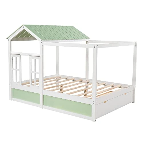 House Bed Full For Kids With Storage Drawer, Wood Cabin Tent Bed Frame For Girls Boys, Montessori Beds With Roof And Window, Full Size, Green 3 House Bed Full For Kids With Storage Drawer, Wood Cabin Tent Bed Frame For Girls Boys, Montessori Beds With Roof And Window, Full Size, Green - Image 3