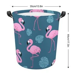 HoaMoya Collapsible Flamingos And Tropical Leaves Laundry Hamper Blue Background Nursery Hamper Large Waterproof Clothes Toy Storage Basket Bin For Kids Boys Girls Bedroom Bathroom