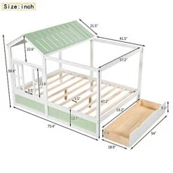 House Bed Full For Kids With Storage Drawer, Wood Cabin Tent Bed Frame For Girls Boys, Montessori Beds With Roof And Window, Full Size, Green