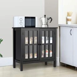 Tangkula Sideboard Buffet Storage Cabinet, Kitchen Storage Cabinet With 2 Glass Doors, Liquor Cabinet For Home Kitchen Dining Room, Cupboard Console Table, Curio Cabinet (Black) -Safavieh Furniture 41MO4bk7q7L