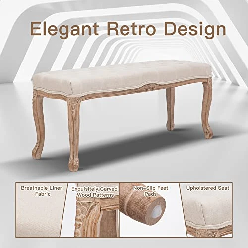 XRHOM Foot Stools Ottoman Entryway Bench Vanity Stool Shoe Bench Upholstered Dining Room Bench Foot Rest With Carved Pattern Solid Rubber Wood Legs For Bedroom, Beige 4 XRHOM Foot Stools Ottoman Entryway Bench Vanity Stool Shoe Bench Upholstered Dining Room Bench Foot Rest With Carved Pattern Solid Rubber Wood Legs For Bedroom, Beige - Image 4