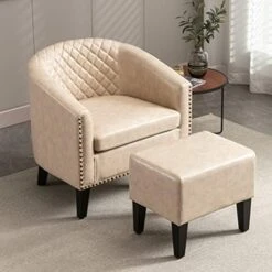 SSLine Modern White Leather Upholstered Accent Arm Chair Soft Barrel Club Chairs For Living Room Comfy Single Sofa Office Guest Chatting Chair With Solid Wood Legs And Nailhead For Bedroom (White) -Safavieh Furniture 41MwQBioHkL. AC