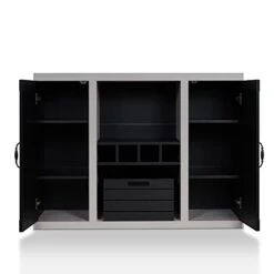 IoHOMES Cato Industrial Two-Tone Buffet With Open Shelf, Wine Bottle Holder, Slatted Drawer And Cabinets, Black And Cement