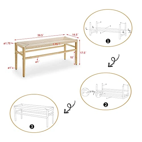 Knocbel Farmhouse Entryway Bench With Woven Rope Top And Solid Wood Frame, Living Room Bedroom End Of Bed Bench, 250lbs Weight Capacity, 39.5" W X 14.5" D X 17.5" H (Natrual) 2 Knocbel Farmhouse Entryway Bench With Woven Rope Top And Solid Wood Frame, Living Room Bedroom End Of Bed Bench, 250lbs Weight Capacity, 39.5" W X 14.5" D X 17.5" H (Natrual) - Image 2
