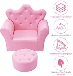 GLACER Kids Sofa With Ottoman, Kids Pink Couch With Embedded Crystal & PVC Leather, Upholstered Child’s Crown-Back Armchair, Baby Sofa Chair Seat Furniture, Princess Chair For Toddler Girls -Safavieh Furniture 41NaAGSJ1IL