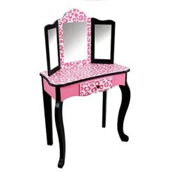 Teamson Kids Gisele Leopard Print Wooden Vanity Set With Tri-Fold Mirror Table And Chair, Pink/Black -Safavieh Furniture 41NcJ11IuEL
