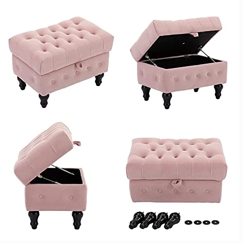 Artechworks Storage Coffee Table Ottoman, Button Tufted Velvet Upholstery Footstool Bed Ottoman For Living Room, Home Office, Space-Saving Storage Toy Box Stool, Pink 5 Artechworks Storage Coffee Table Ottoman, Button Tufted Velvet Upholstery Footstool Bed Ottoman For Living Room, Home Office, Space-Saving Storage Toy Box Stool, Pink - Image 5