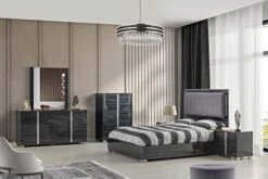 GENERIC Roma Bonded Leather LED Platform Bedroom Set (King Bed, 2 Nightstands, Dresser, Mirror, Chest), Tiger Gray