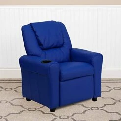 BizChair Blue Vinyl Kids Recliner With Cup Holder And Headrest