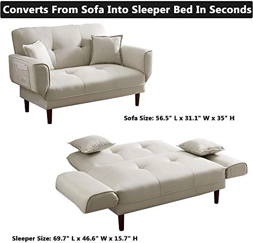 NORAN Twin Size Sleeper Recliner Sofa Futon Couch, Convertible Futon Sofa Bed With 2 Pillows, Adjustable Armrest, Wood Legs And 5-Angle Backrest For Apartment, Dorm,Living Room,Bedroom (Beige) 4 NORAN Twin Size Sleeper Recliner Sofa Futon Couch, Convertible Futon Sofa Bed With 2 Pillows, Adjustable Armrest, Wood Legs And 5-Angle Backrest For Apartment, Dorm,Living Room,Bedroom (Beige) - Image 4