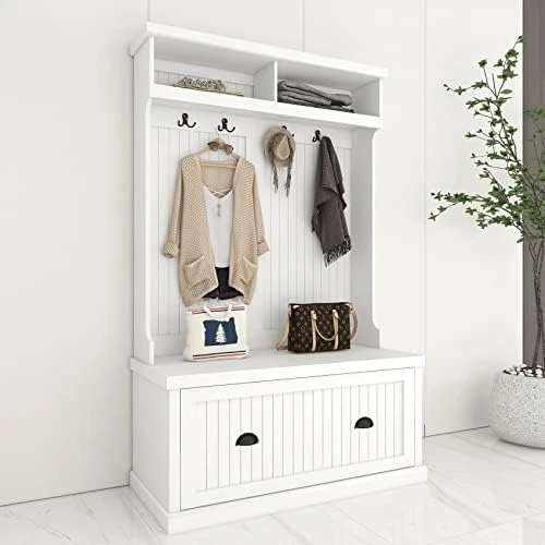 Hall Tree With Bench And Shoe Storage, 3 In 1 Entryway Bench With Coat Rack, Mudroom Bench With Storage And 4 Double Hooks, Entryway Furniture For Hallway (Black, 40" L X 18.5" W X 72" H) 13 Hall Tree With Bench And Shoe Storage, 3 In 1 Entryway Bench With Coat Rack, Mudroom Bench With Storage And 4 Double Hooks, Entryway Furniture For Hallway (Black, 40" L X 18.5" W X 72" H) - Image 13