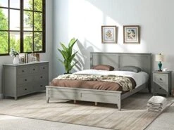 3-Piece Bedroom Furniture Set, Solid Wood Bedroom Set With Queen Size Platform Bed, 7-Drawer Dresser And 2- Drawer Nightstand, Gray