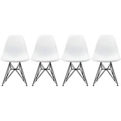 2xhome Set Of 4 White Mid Century Modern Design Industrial Plastic Chair Side No Arms Dark Black Wire Chrome Base With Back Eiffel Molded Shell Dining Chairs Living Room Accent Work Desk Bedroom