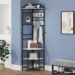OIOG Corner Hall Tree, Industrial Corner Coat Rack With Hooks And Storage Shelf For Entryway, Hallway Corner Organizer With Shoes Rack (White Shelf)