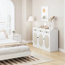 FOTOSOK Buffet Cabinet, Rattan Kitchen Cabinet With 3 Doors And 3 Drawers, Sideboard With Storage And Adjustable Shelves, Rattan Buffet Table For Kitchen Dining Room Living Room Hallway -Safavieh Furniture 41OoHyFTWJL