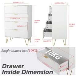Thre'a New 4 Drawer Chest,Craft Storage Organization For Home & Office,Storage Dresser Cabinet,Office Storage File Cabinet With 4 Metal Legs (White)