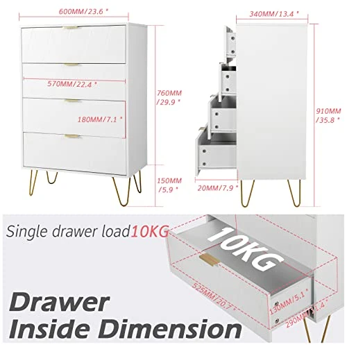 Thre'a New 4 Drawer Chest,Craft Storage Organization For Home & Office,Storage Dresser Cabinet,Office Storage File Cabinet With 4 Metal Legs (White) 1 Thre'a New 4 Drawer Chest,Craft Storage Organization For Home & Office,Storage Dresser Cabinet,Office Storage File Cabinet With 4 Metal Legs (White)