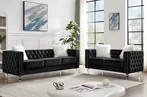 Mikibama Velvet Loveseat Sofa 59 Inch Jeweled Buttons Tufted Loveseat With Acrylic Crystal Legs And 2 Pillows Modern Furniture For Living Room, Bedroom(Grey) 13 Mikibama Velvet Loveseat Sofa 59 Inch Jeweled Buttons Tufted Loveseat With Acrylic Crystal Legs And 2 Pillows Modern Furniture For Living Room, Bedroom(Grey) - Image 13