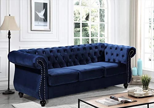 Container Furniture Direct Feinstein Modern Velvet Chesterfield Couches For Living Room With Nailheads, Diamond Tufting & Durable Metal Frame, Loveseat, Sofa, Dark Blue 5 Container Furniture Direct Feinstein Modern Velvet Chesterfield Couches For Living Room With Nailheads, Diamond Tufting & Durable Metal Frame, Loveseat, Sofa, Dark Blue - Image 5